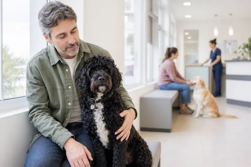 Portugiesischer Wasserhund sitzt ruhig neben seinem Besitzer im hellen Wartezimmer einer modernen Tierarztpraxis.